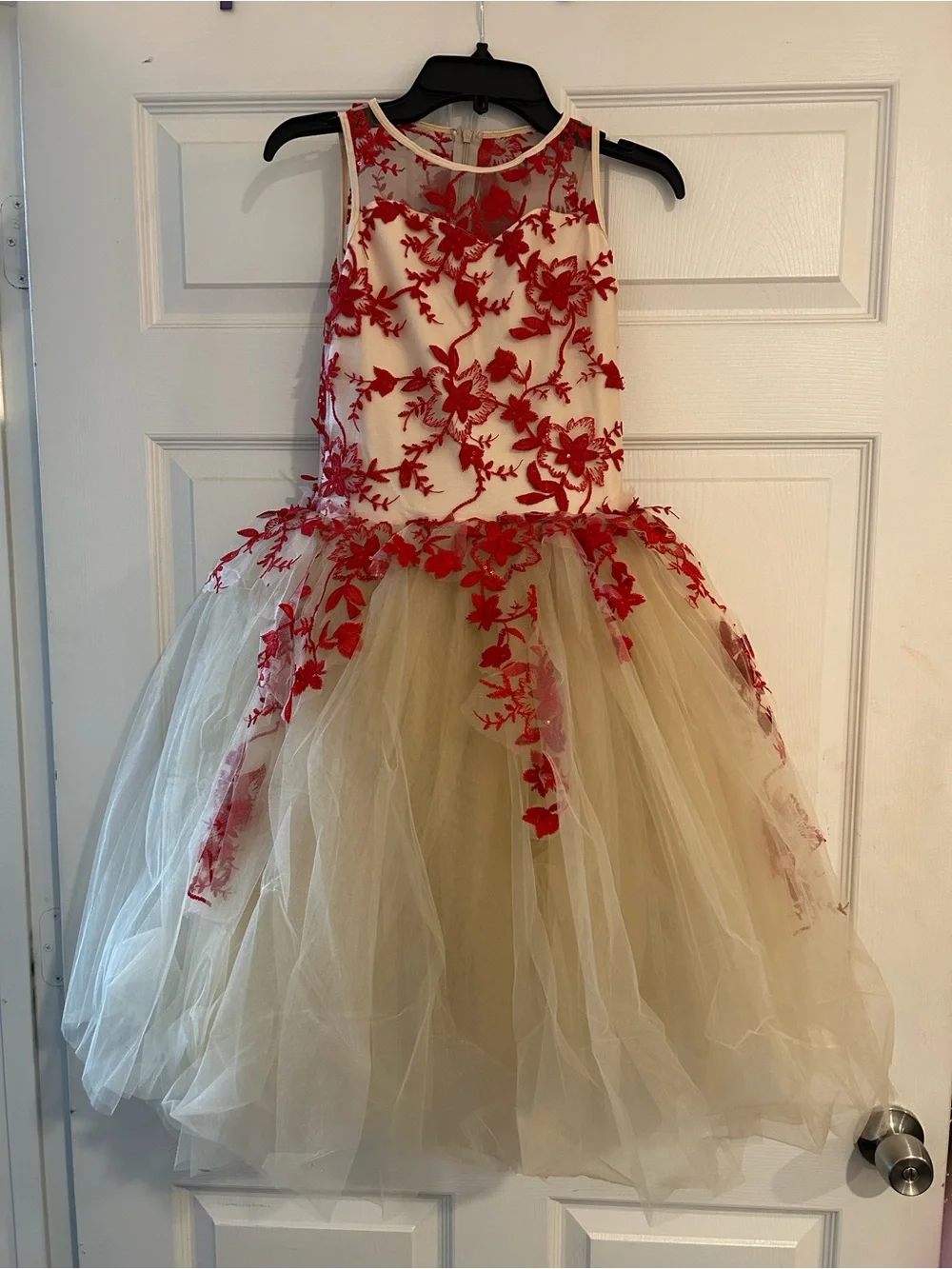 Nude and Red Floral Tulle Party Dress for Girls by